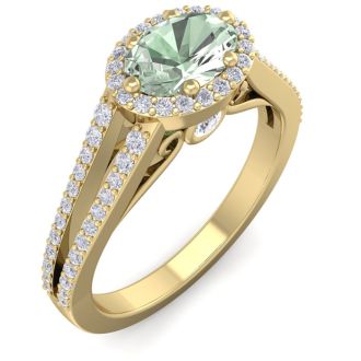 1 Carat Oval Shape Antique Green Amethyst and Halo Diamond Ring In 14 Karat Yellow Gold