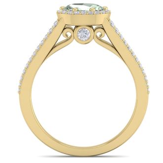 1 Carat Oval Shape Antique Green Amethyst and Halo Diamond Ring In 14 Karat Yellow Gold