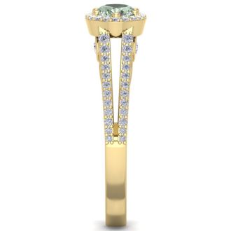 1 Carat Oval Shape Antique Green Amethyst and Halo Diamond Ring In 14 Karat Yellow Gold