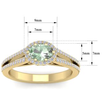 1 Carat Oval Shape Antique Green Amethyst and Halo Diamond Ring In 14 Karat Yellow Gold