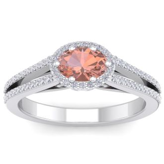 1-1/4 Carat Oval Shape Antique Morganite and Halo Diamond Ring In 14 Karat White Gold