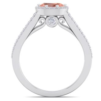 1-1/4 Carat Oval Shape Antique Morganite and Halo Diamond Ring In 14 Karat White Gold