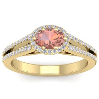 1-1/4 Carat Oval Shape Antique Morganite and Halo Diamond Ring In 14 Karat Yellow Gold
