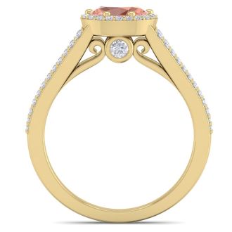 1-1/4 Carat Oval Shape Antique Morganite and Halo Diamond Ring In 14 Karat Yellow Gold