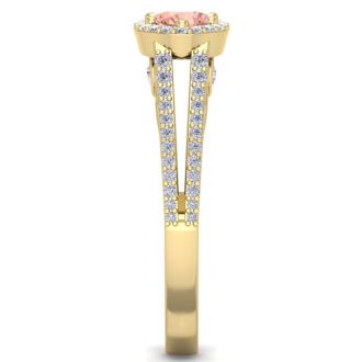 1-1/4 Carat Oval Shape Antique Morganite and Halo Diamond Ring In 14 Karat Yellow Gold