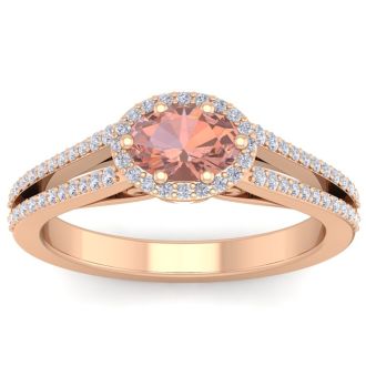 1-1/4 Carat Oval Shape Antique Morganite and Halo Diamond Ring In 14 Karat Rose Gold