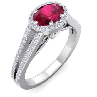 1 1/3 Carat Oval Shape Antique Ruby and Halo Diamond Ring In 14 Karat White Gold
