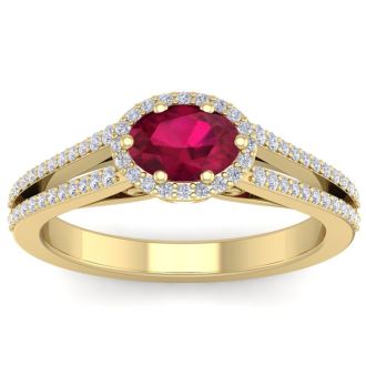1 1/3 Carat Oval Shape Antique Ruby and Halo Diamond Ring In 14 Karat Yellow Gold