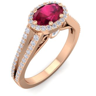 1 1/3 Carat Oval Shape Antique Ruby and Halo Diamond Ring In 14 Karat Rose Gold