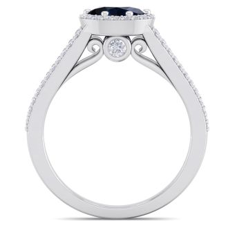 1 1/2 Carat Oval Shape Antique Sapphire and Halo Diamond Ring In 14 Karat White Gold