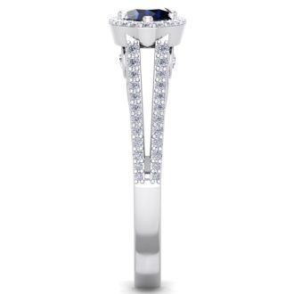 1 1/2 Carat Oval Shape Antique Sapphire and Halo Diamond Ring In 14 Karat White Gold