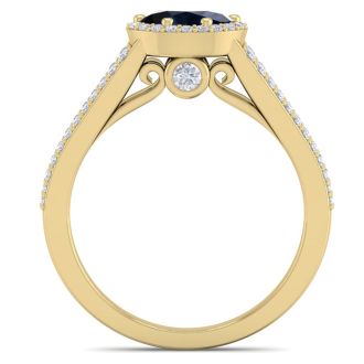 1 1/2 Carat Oval Shape Antique Sapphire and Halo Diamond Ring In 14 Karat Yellow Gold