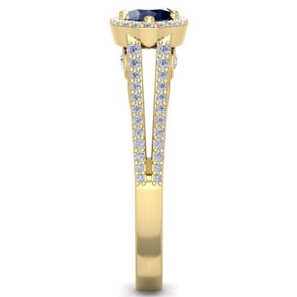 1 1/2 Carat Oval Shape Antique Sapphire and Halo Diamond Ring In 14 Karat Yellow Gold