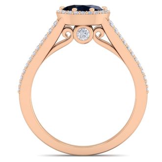 1 1/2 Carat Oval Shape Antique Sapphire and Halo Diamond Ring In 14 Karat Rose Gold