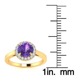 3/4 Carat Round Shape Amethyst and Halo Diamond Ring In 14 Karat Yellow Gold