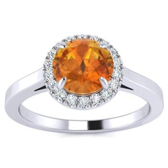 3/4 Carat Round Shape Citrine and Halo Diamond Ring In 14 Karat White Gold