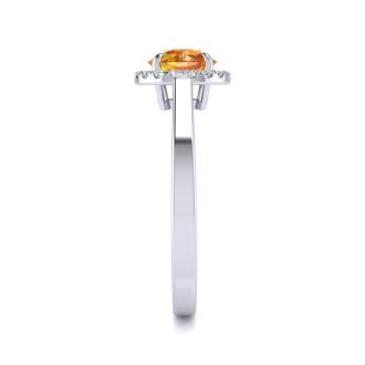 3/4 Carat Round Shape Citrine and Halo Diamond Ring In 14 Karat White Gold
