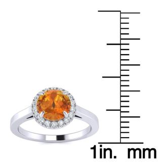 3/4 Carat Round Shape Citrine and Halo Diamond Ring In 14 Karat White Gold