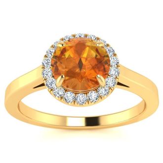 3/4 Carat Round Shape Citrine and Halo Diamond Ring In 14 Karat Yellow Gold
