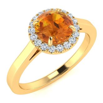 3/4 Carat Round Shape Citrine and Halo Diamond Ring In 14 Karat Yellow Gold