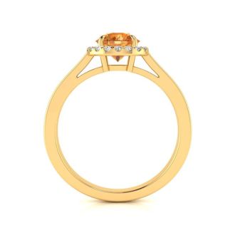 3/4 Carat Round Shape Citrine and Halo Diamond Ring In 14 Karat Yellow Gold