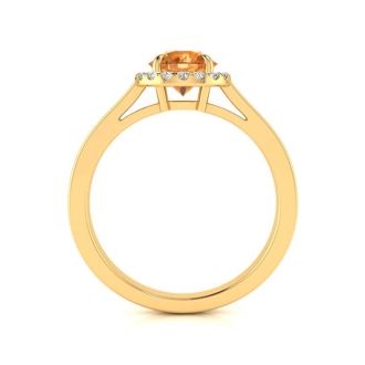 3/4 Carat Round Shape Citrine and Halo Diamond Ring In 14 Karat Yellow Gold