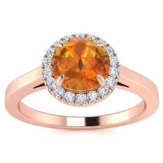3/4 Carat Round Shape Citrine and Halo Diamond Ring In 14 Karat Rose Gold