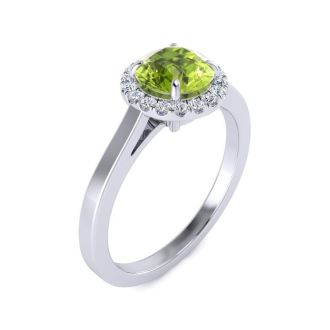 1 Carat Round Shape Peridot and Halo Diamond Ring In 14 Karat White Gold