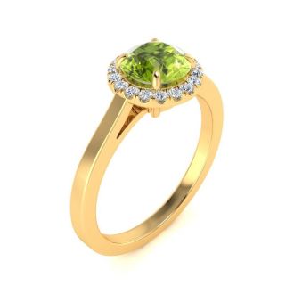 1 Carat Round Shape Peridot and Halo Diamond Ring In 14 Karat Yellow Gold