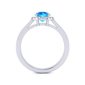 1 Carat Round Shape Blue Topaz and Halo Diamond Ring In 14 Karat White Gold