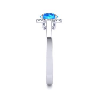 1 Carat Round Shape Blue Topaz and Halo Diamond Ring In 14 Karat White Gold