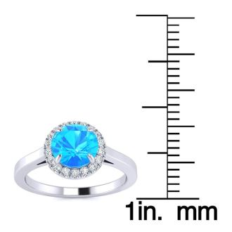 1 Carat Round Shape Blue Topaz and Halo Diamond Ring In 14 Karat White Gold