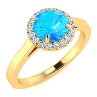 1 Carat Round Shape Blue Topaz and Halo Diamond Ring In 14 Karat Yellow Gold