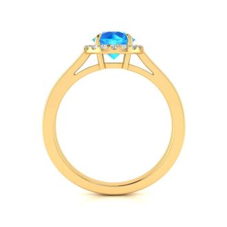 1 Carat Round Shape Blue Topaz and Halo Diamond Ring In 14 Karat Yellow Gold