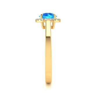 1 Carat Round Shape Blue Topaz and Halo Diamond Ring In 14 Karat Yellow Gold