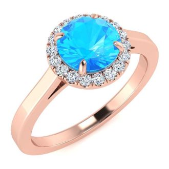 1 Carat Round Shape Blue Topaz and Halo Diamond Ring In 14 Karat Rose Gold