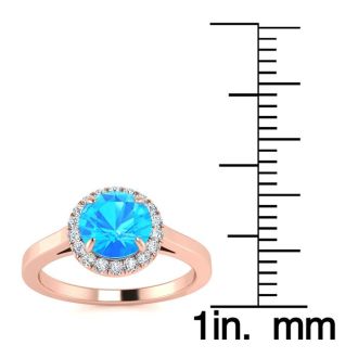 1 Carat Round Shape Blue Topaz and Halo Diamond Ring In 14 Karat Rose Gold