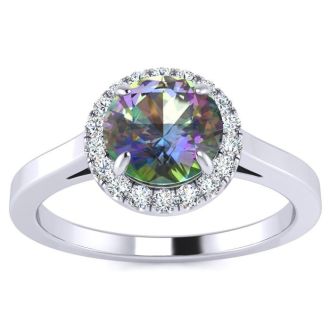 3/4 Carat Round Shape Mystic Topaz Ring Diamond Halo In 14 Karat White Gold
