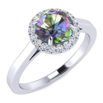 3/4 Carat Round Shape Mystic Topaz Ring Diamond Halo In 14 Karat White Gold