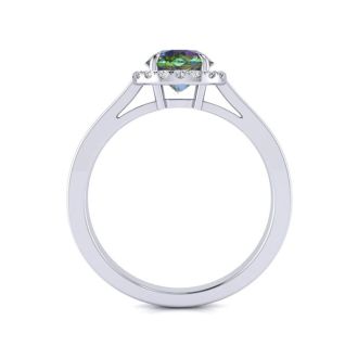 3/4 Carat Round Shape Mystic Topaz Ring Diamond Halo In 14 Karat White Gold