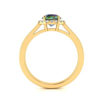 3/4 Carat Round Shape Mystic Topaz Ring Diamond Halo In 14 Karat Yellow Gold