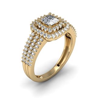 Cheap Engagement Rings, 1 Carat Princess Cut Double Halo Diamond Engagement Ring in 14 Karat Yellow Gold 