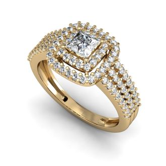 Cheap Engagement Rings, 1 Carat Princess Cut Double Halo Diamond Engagement Ring in 14 Karat Yellow Gold 