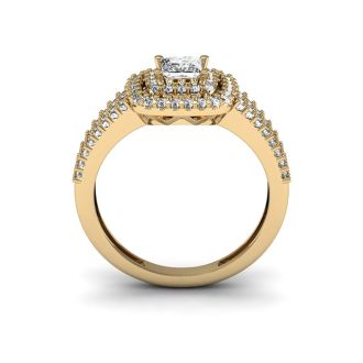 Cheap Engagement Rings, 1 Carat Princess Cut Double Halo Diamond Engagement Ring in 14 Karat Yellow Gold 