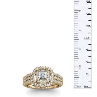 Cheap Engagement Rings, 1 Carat Princess Cut Double Halo Diamond Engagement Ring in 14 Karat Yellow Gold 
