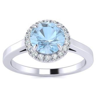 Aquamarine Ring: Aquamarine Jewelry: 1 Carat Round Shape Aquamarine and Halo Diamond Ring In 14 Karat White Gold