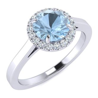 Aquamarine Ring: Aquamarine Jewelry: 1 Carat Round Shape Aquamarine and Halo Diamond Ring In 14 Karat White Gold
