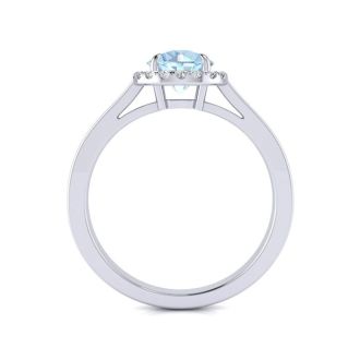 Aquamarine Ring: Aquamarine Jewelry: 1 Carat Round Shape Aquamarine and Halo Diamond Ring In 14 Karat White Gold