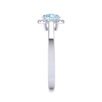 Aquamarine Ring: Aquamarine Jewelry: 1 Carat Round Shape Aquamarine and Halo Diamond Ring In 14 Karat White Gold