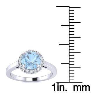 Aquamarine Ring: Aquamarine Jewelry: 1 Carat Round Shape Aquamarine and Halo Diamond Ring In 14 Karat White Gold